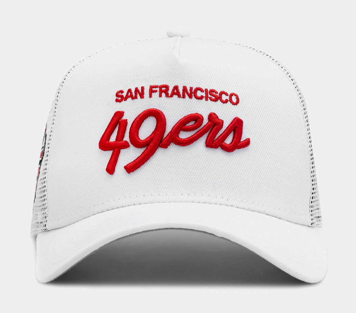 New Era Shoe Palace Exclusive San Francisco 49ers Script 9FORTY Trucker Mens Hat (Black)