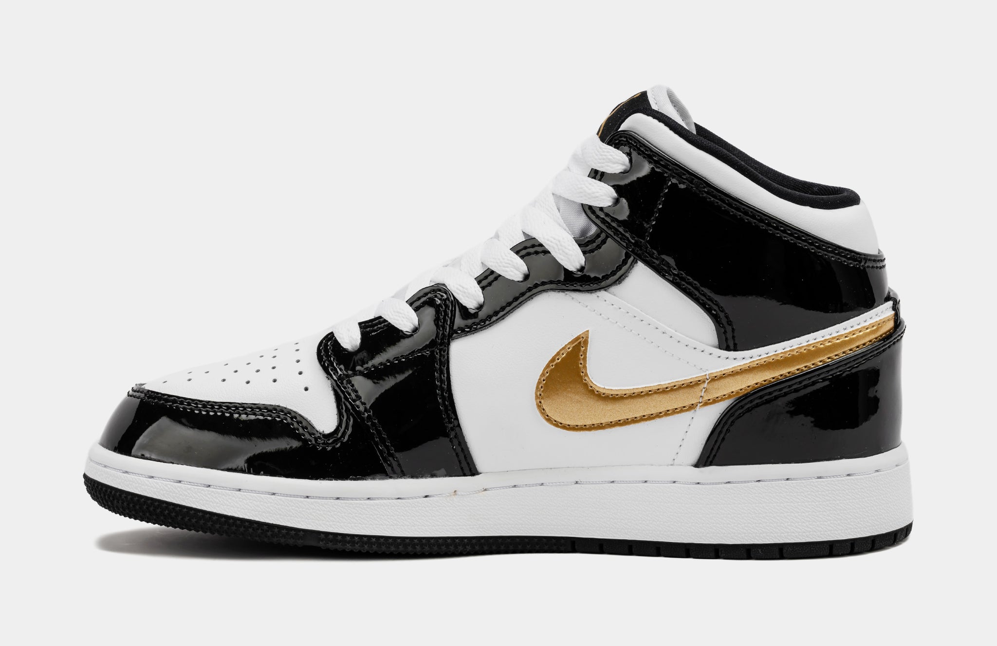 Air Jordan 1 Mid Patent Black Gold SE Grade School Lifestyle Shoes  (Black/White/Metallic Gold)