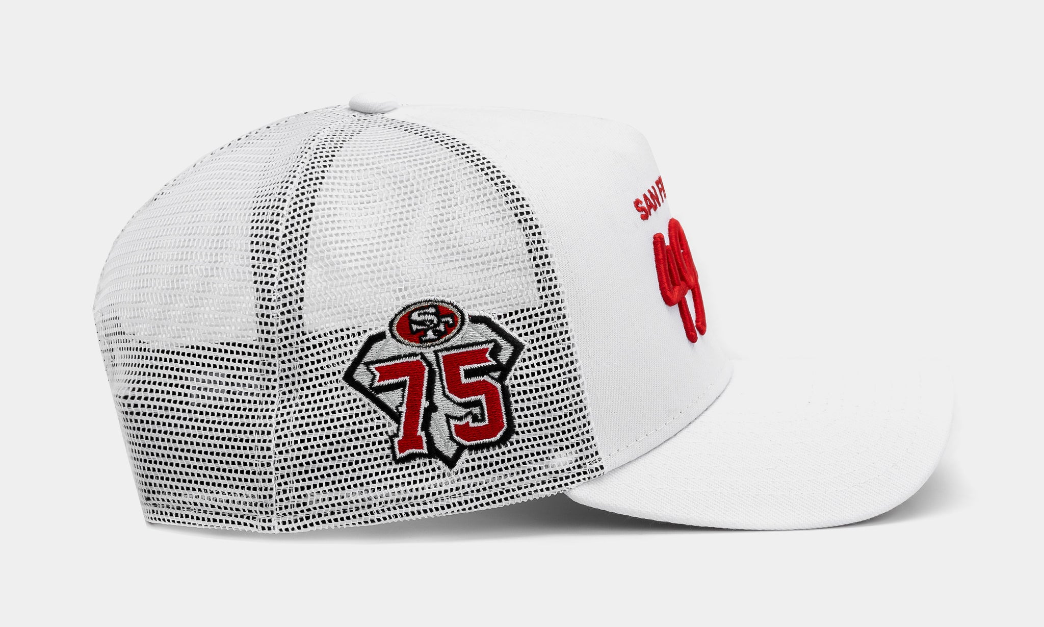 New Era Shoe Palace Exclusive San Francisco 49ers Script 9FORTY Trucker Mens Hat (White/Red)