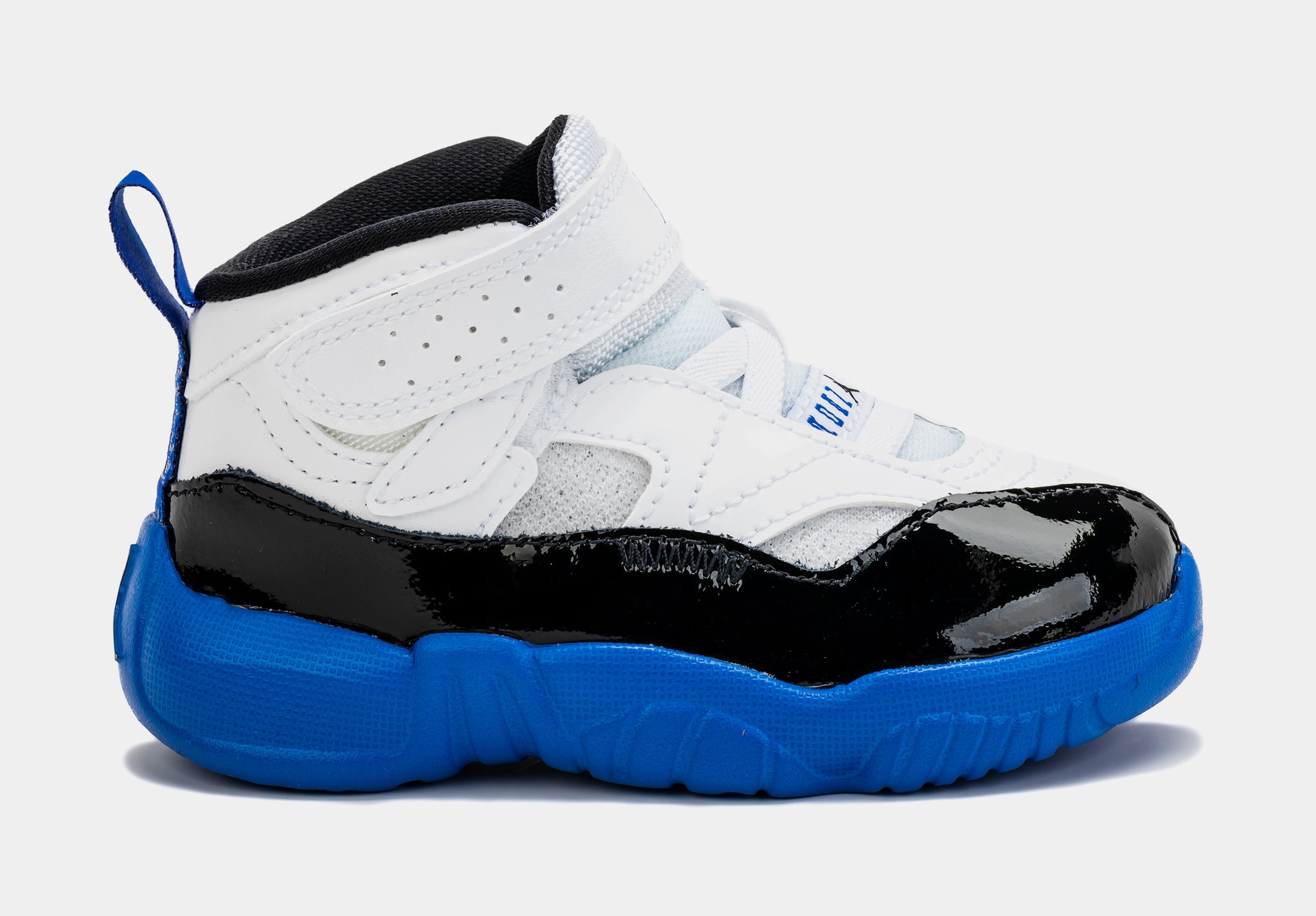 Blue and store white infant jordans