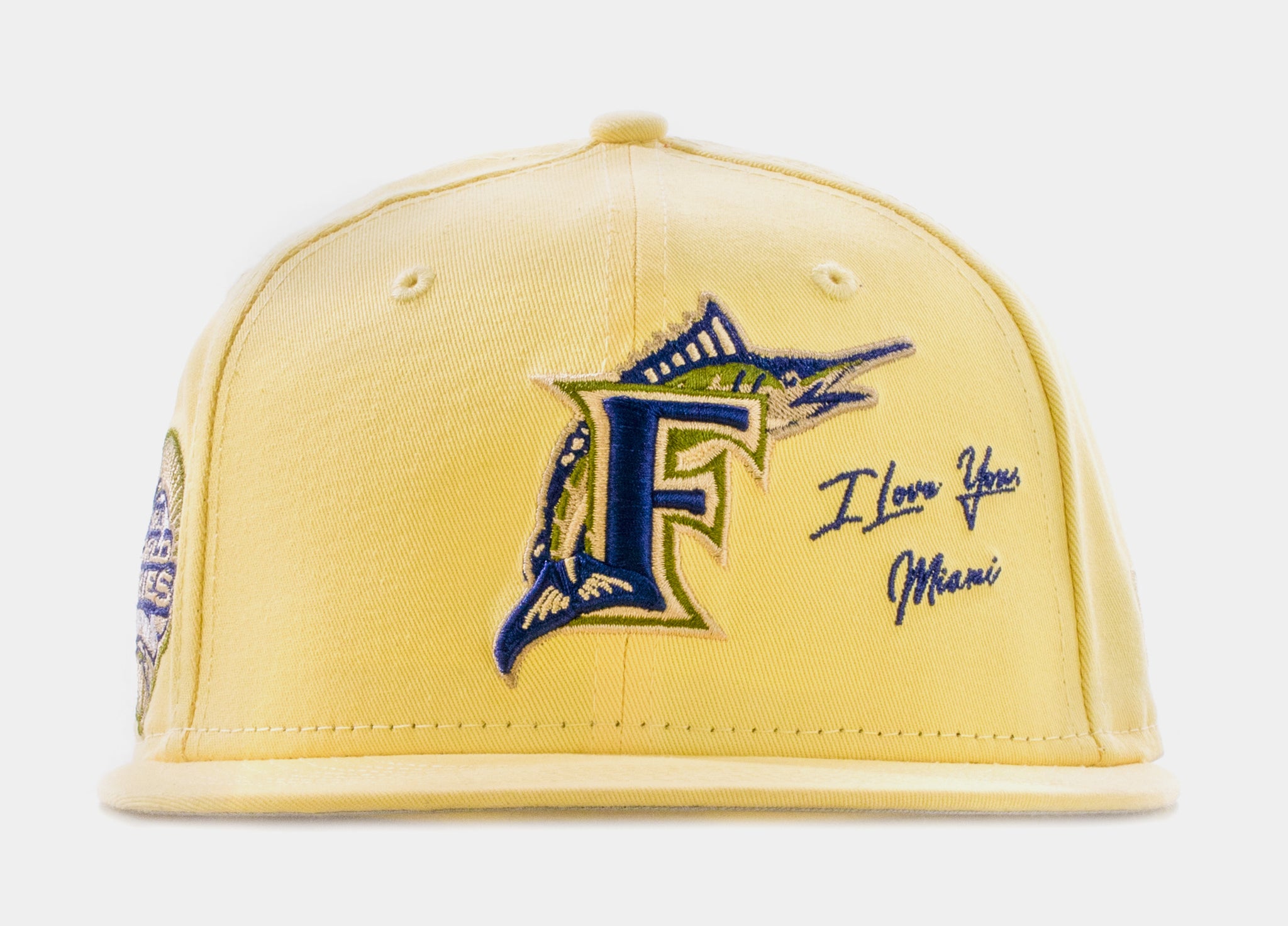 Shoe Palace x New Era Canary Yellows Florda Marlins 59Fifty Fitted Cap Mens  Hat (Yellow)