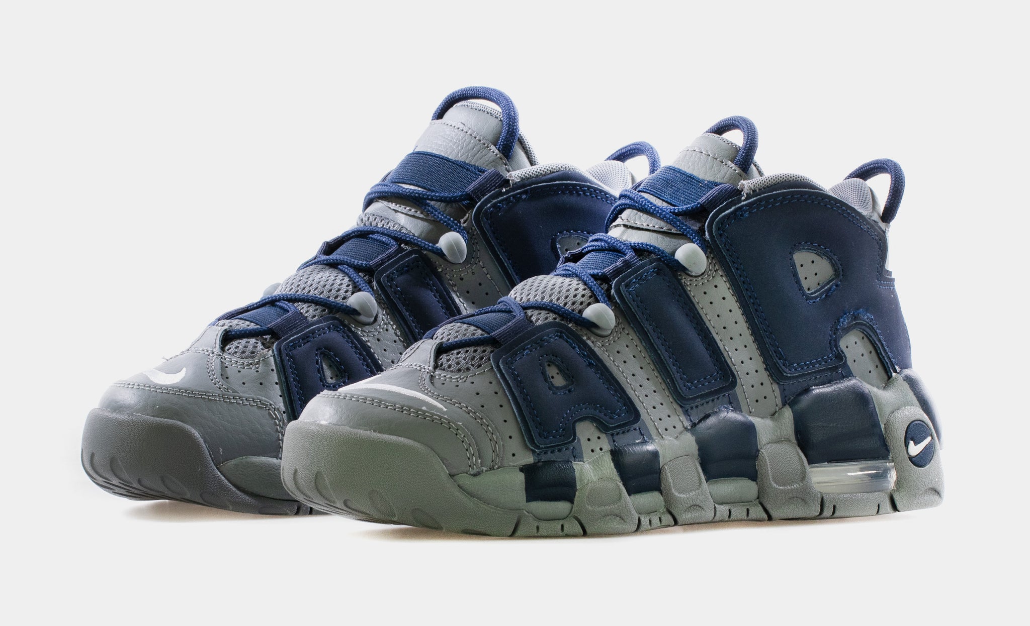 Air More Uptempo Grade School Shoes (Cool Grey/Midnight Navy Blue)