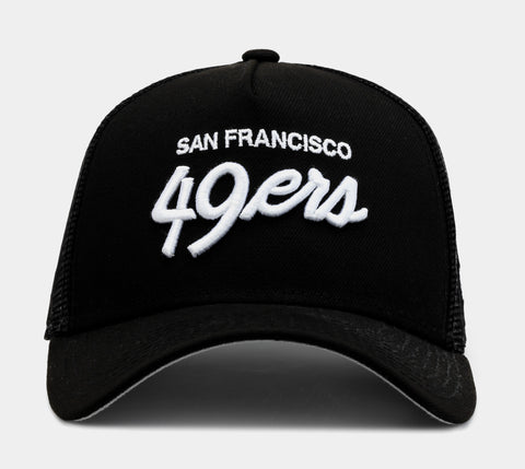 New Era Shoe Palace Exclusive San Francisco 49ers Script 9FORTY Trucker Mens Hat (White/Red)