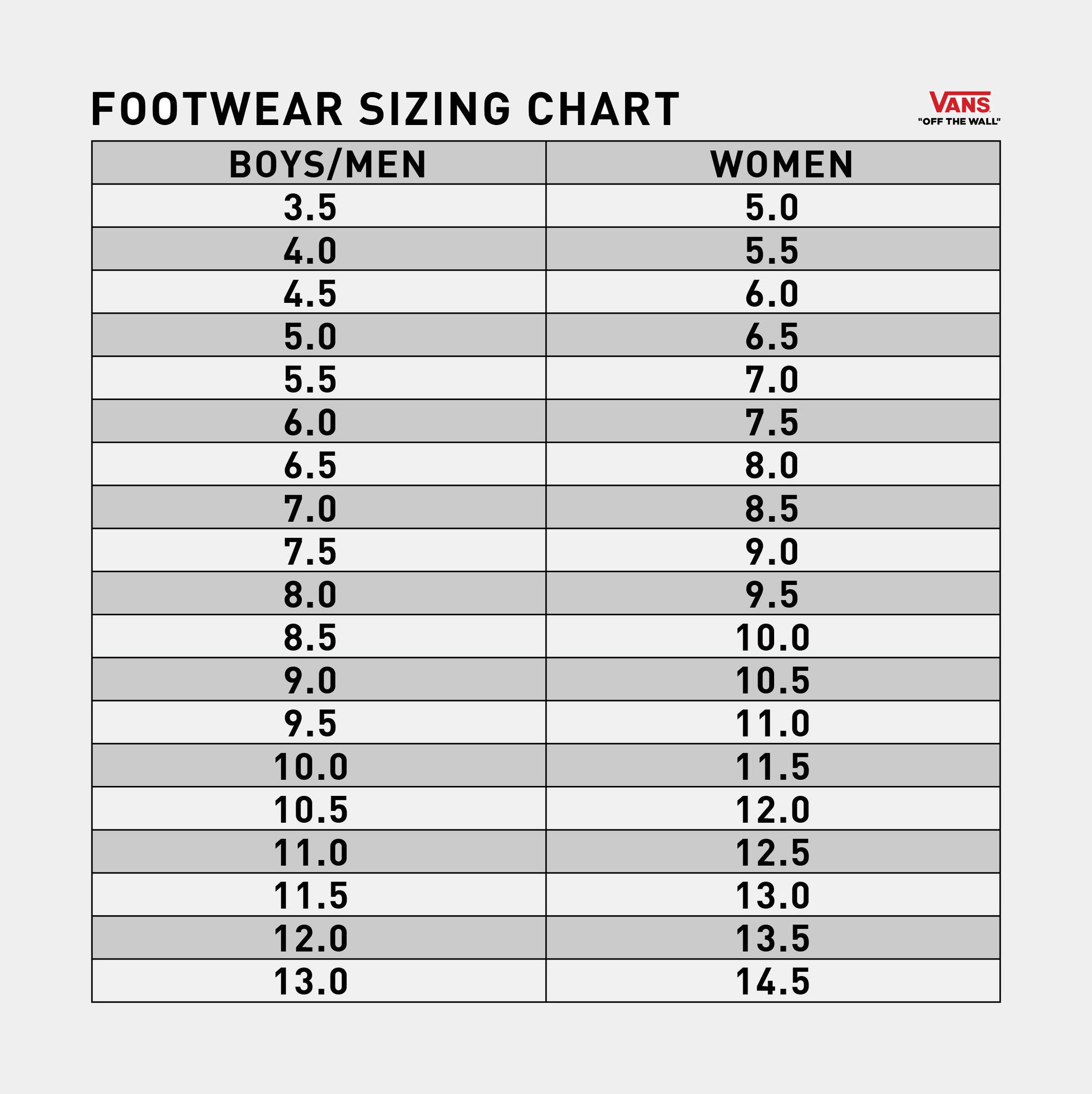 Vans slip on store size chart