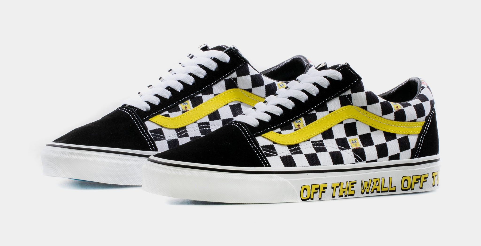 Black and white checkerboard vans cheap with yellow stripe