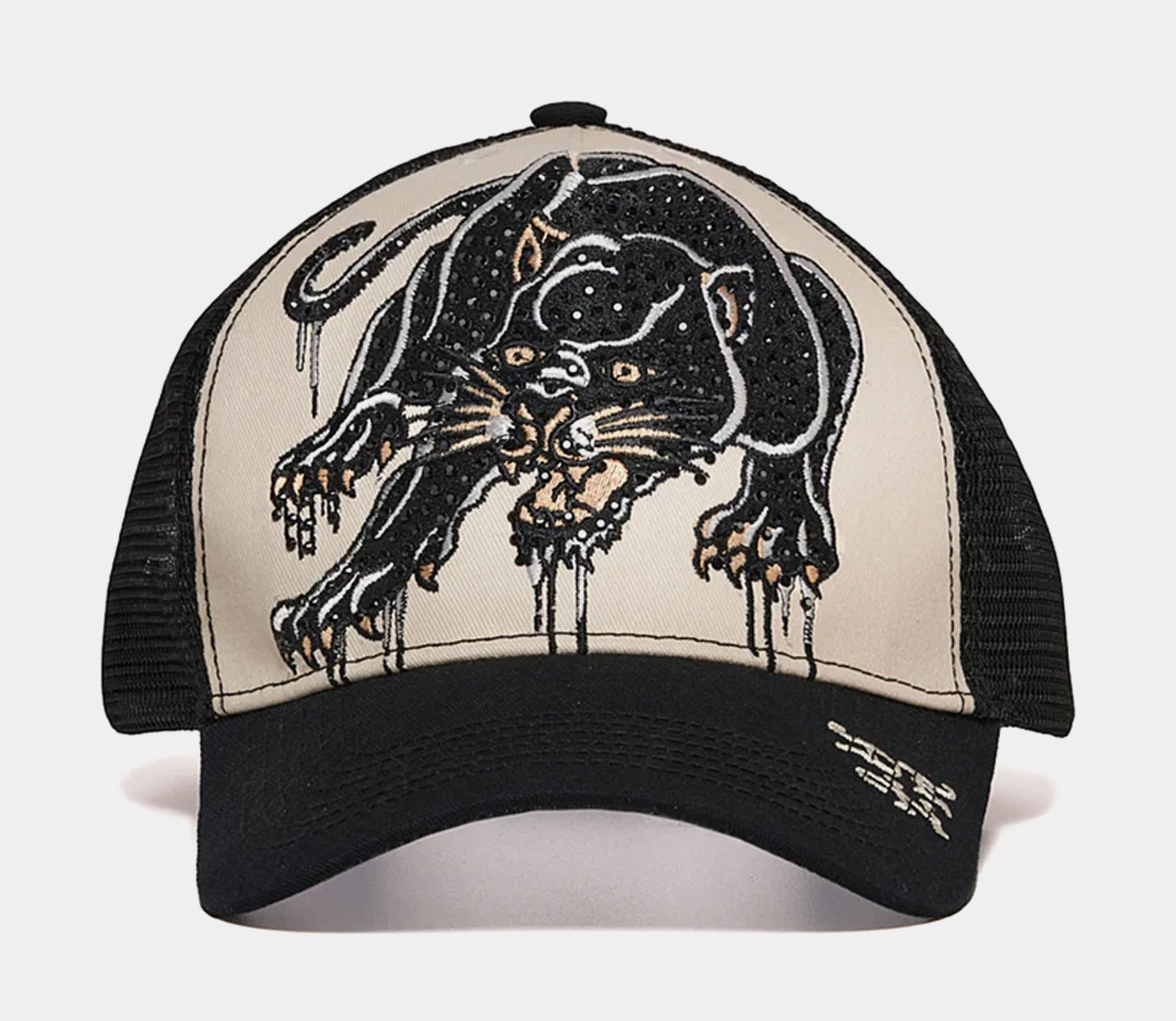 Rhinestone Crouching Panther Trucker Mens Hat (Black/Beige)
