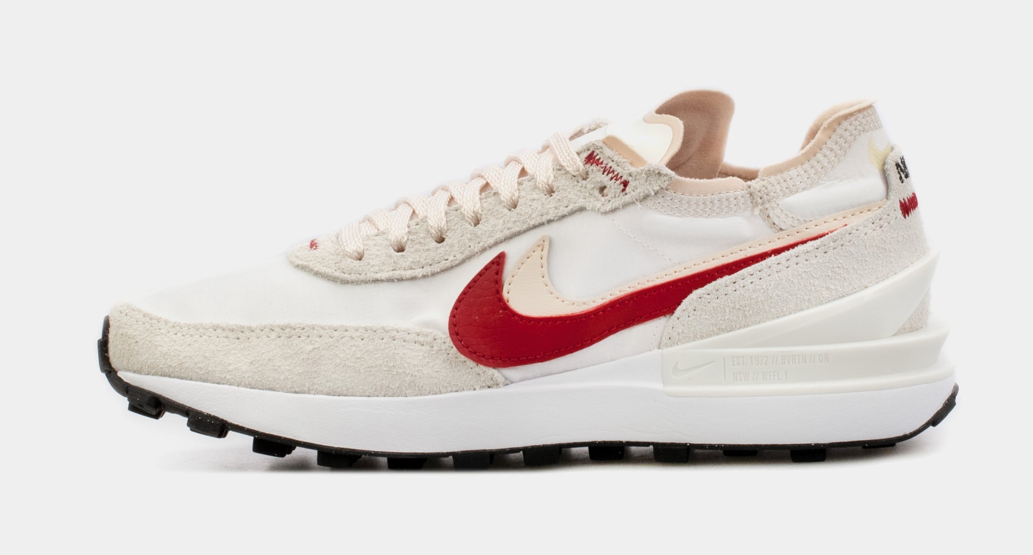 White nike 2025 with red swoosh