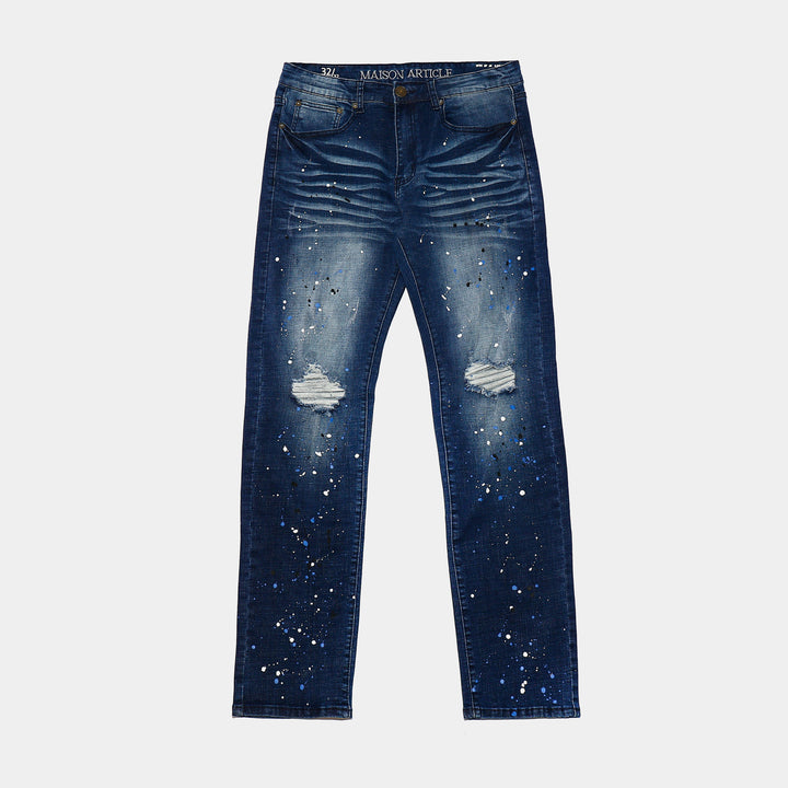 Maison Article Johnny Straight Red Splatter Denim Mens Pants Blue